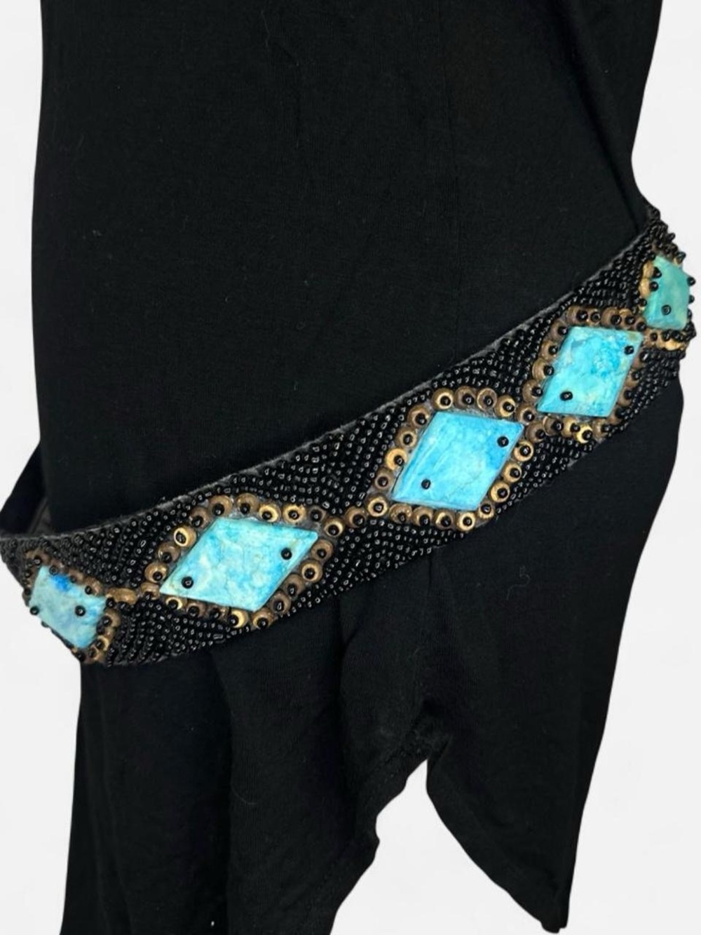 Vintage Hand-Beaded Black Belt with Turquoise Tile Accents - Picture 4 of 7
